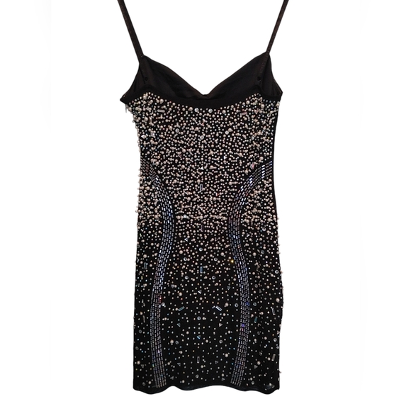 Black Rhinestone Pearl Bodycon Dress with spaghetti Strap - Picture 3 of 8